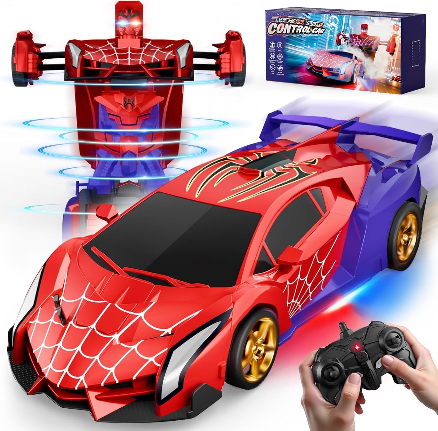 Remote Control Transform Car w Eye & Underbody Lights, 2.4GHz Web RC Car & Robot One-Button Deformation & 360°Rotation, Boys Toys Gifts Present for 3 4 5 6 7 8 9 Year Old Boys Kids Toys Age 3-12