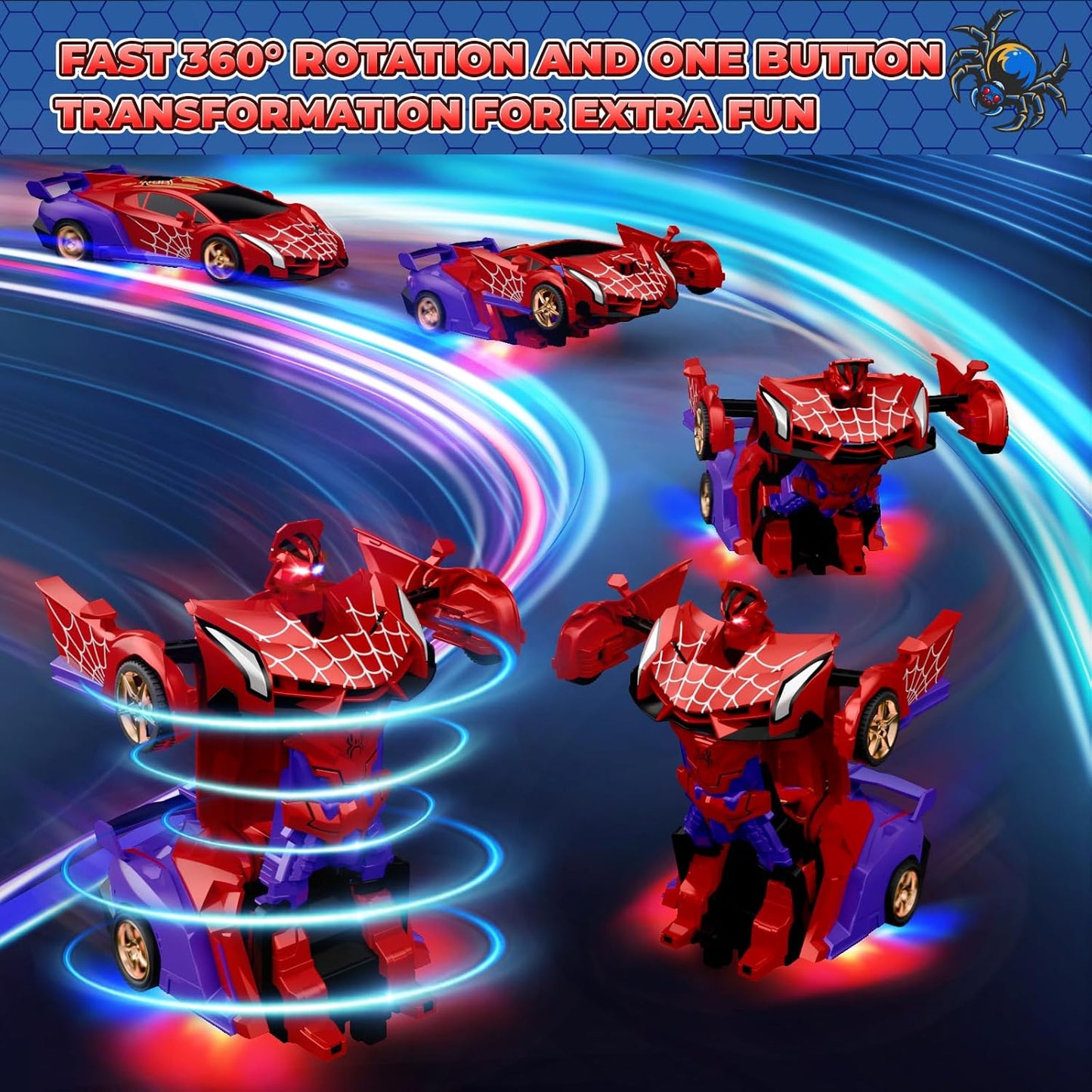 Remote Control Transform Car w Eye & Underbody Lights, 2.4GHz Web RC Car & Robot One-Button Deformation & 360°Rotation, Boys Toys Gifts Present for 3 4 5 6 7 8 9 Year Old Boys Kids Toys Age 3-12