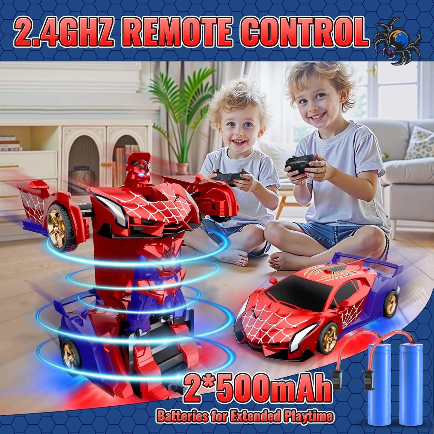 Remote Control Transform Car w Eye & Underbody Lights, 2.4GHz Web RC Car & Robot One-Button Deformation & 360°Rotation, Boys Toys Gifts Present for 3 4 5 6 7 8 9 Year Old Boys Kids Toys Age 3-12